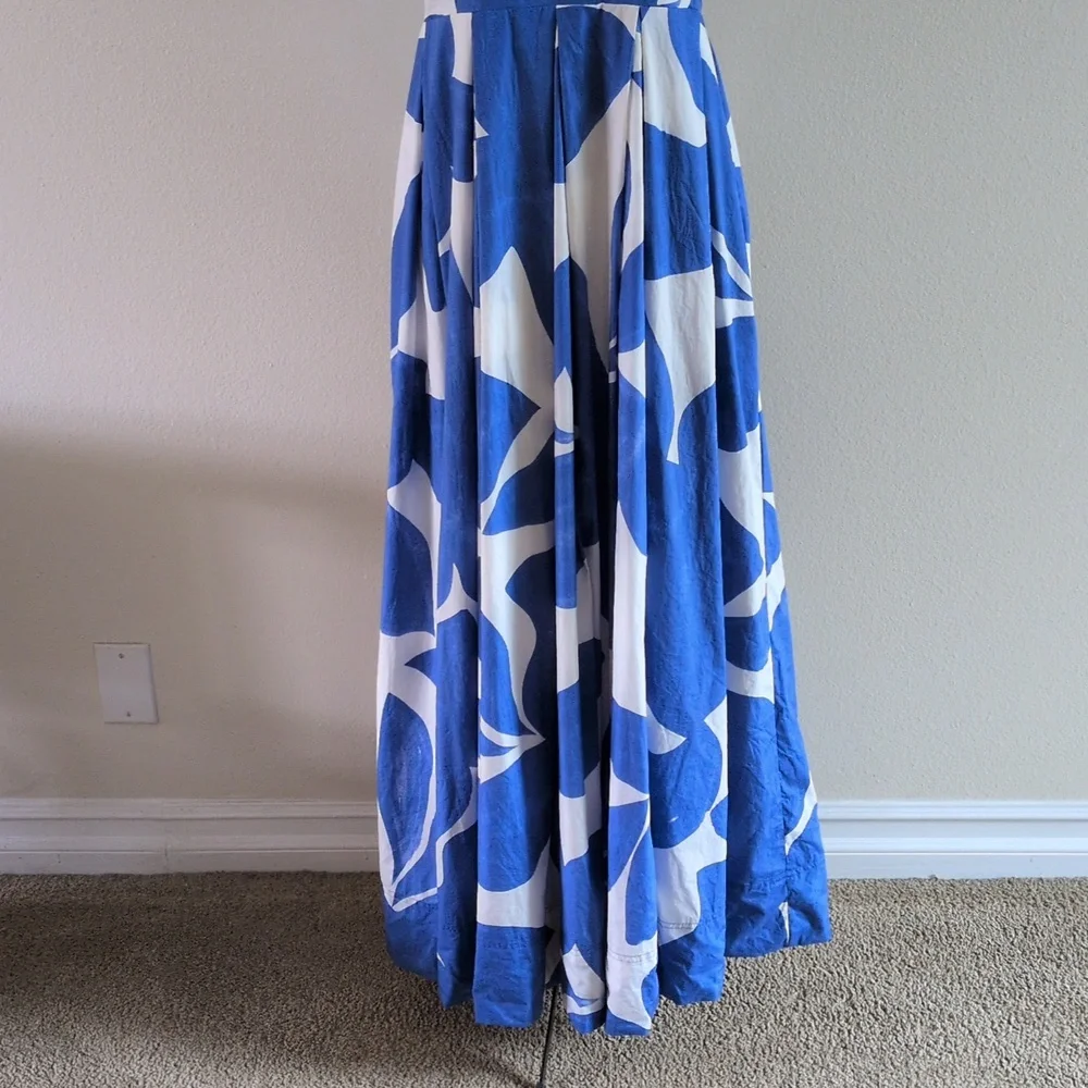 ANTHROPOLOGIE Dress MED Printed Babydoll Smock Maxi Blue White Abstract Strappy - Picture 5 of 11